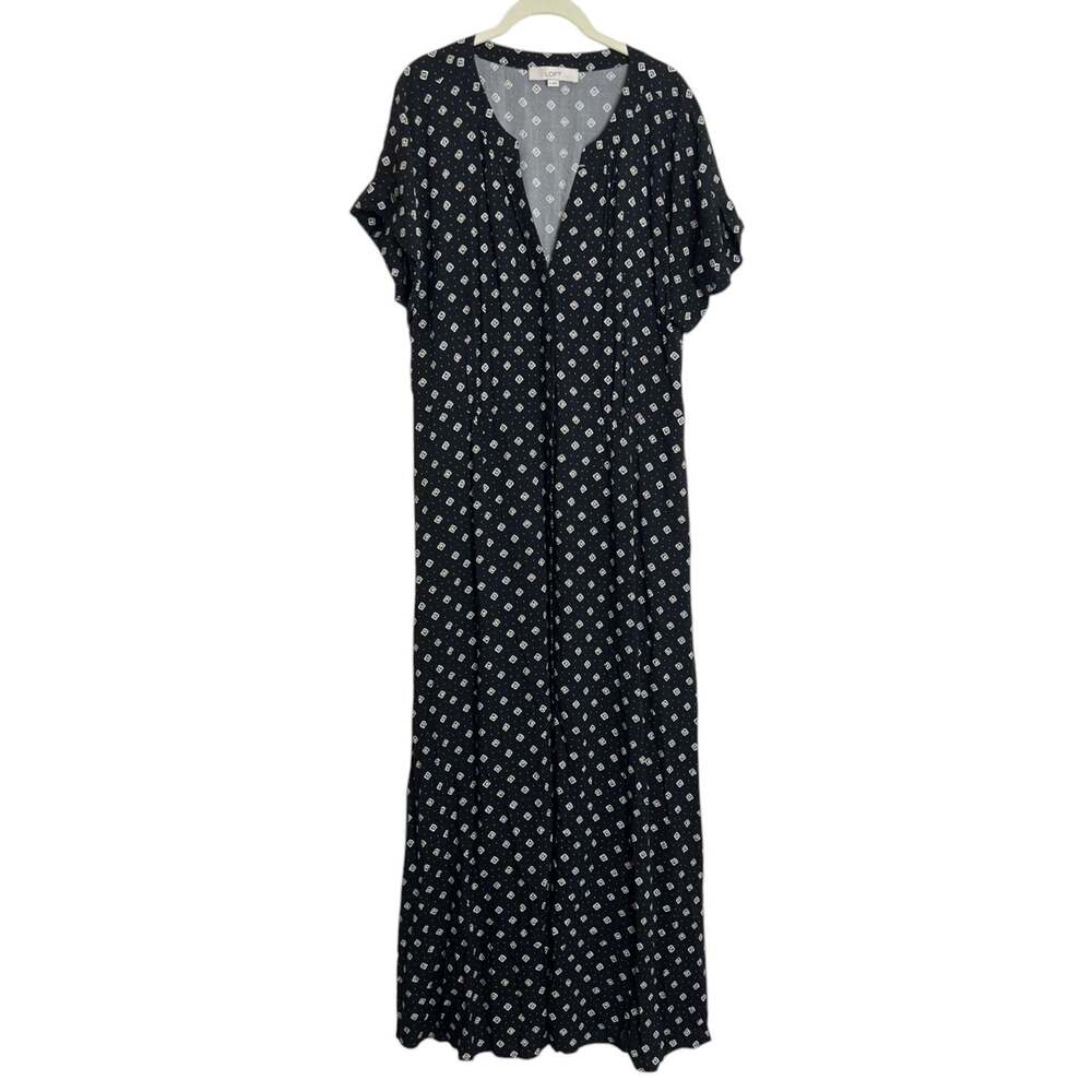 LOFT Womens Button Front Maxi Dress Size 14 Black White Geometric Print